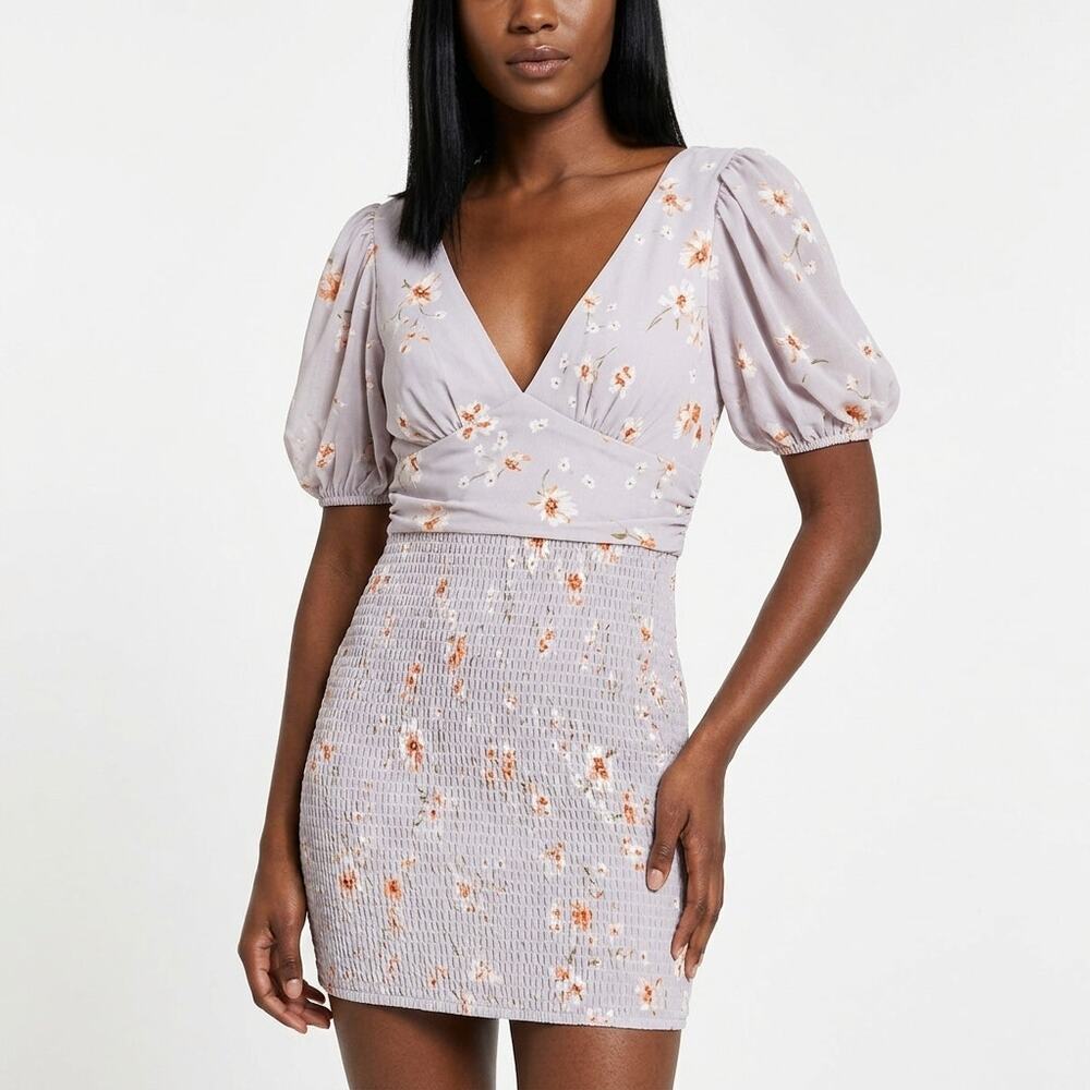 Angel Biba Purple Bodycon Short Ruffle Floral Dress Women Size S